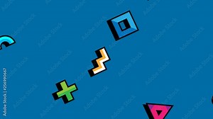 Abstract animated background in geometric style. Animated pattern with geometric figures. Triangle, circle, square, curved lines on blue background. Motion graphic