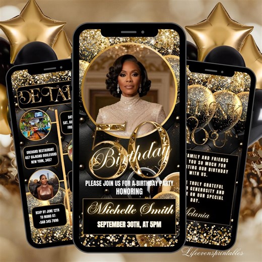 50th Birthday Invitation Template Black, Fiftieth Gold Dinner Party Invite, Digital Black Ecard, Phone Text Evite - Etsy
