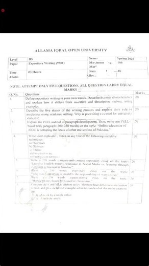 AIOU Code 9381 past paper spring 2025 | 03468885319