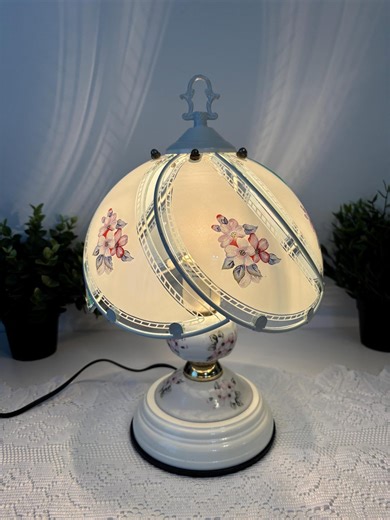 Vintage Touch Table Lamp, White Ceramic Base and Floral Glass Shade, Dimmable Lamp, Vintage Touch Lamp - Etsy UK