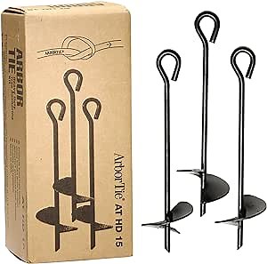 DeepRoot ArborTie Heavy-Duty Ground Anchoring Kit for Tree Support, Includes Three 10’ ArborTie Green and Three 15” Steel Eye Earth Anchors, Versatile Tree Stake Kit, Landscaping Stakes (AT HD15)