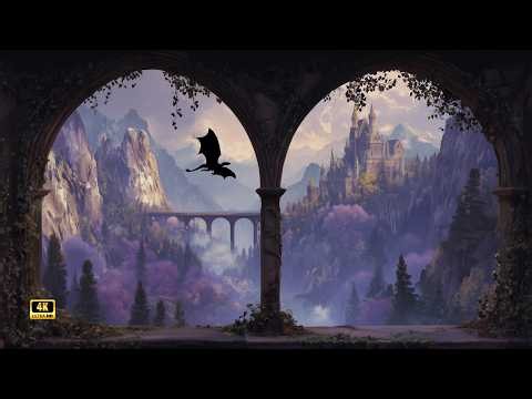 Dragonmist Castle 🏰 🌧️ | 4K Window Ambience, Gentle Rain & Medieval Fantasy Music