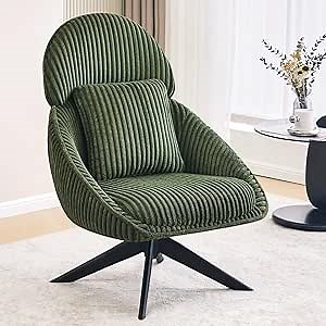 Furniliving Upholstered Swivel Accent Chair for Living Room, Modern Armchair Side Chair with Headrest Bedroom Chair with Metal Legs Comfy Sofa Chairs with Pillow, Large, Corduroy, Green