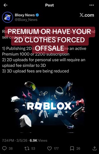 Roblox has pulled ANOTHER top 5 worst update of all time, forcing all clothing creators to either get Premium 1000/2200 or have ALL of their classic/2D clothes offsale for GOOD. #roblox #robloxclothing #classicclothing #robloxnews