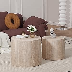 Round Nesting Coffee Table Set of 2 Modern Nested Coffee Table Kits Space Saving Small Coffee and End Table Circle Coffee Tables Living Room Table Sets for Small Space Bedroom (Travertine Color)