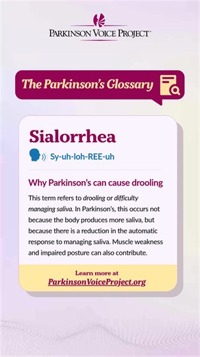 Drooling (sialorrhea) is a common challenge in Parkinson’s. Managing saliva with INTENT can make a difference. Notify your neurologist and speech-language pathologist for management strategies. Explore more Parkinson’s education at ParkinsonVoiceProject.org #TheParkinsonsGlossary #ParkinsonsEducation #Sialorrhea #SpeakWithINTENT #CarePartners #SPEAKOUTTherapy | Parkinson Voice Project