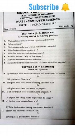 1st sem computer model question paper *Problem solving in c* #bsccomputer #semester1 #degree