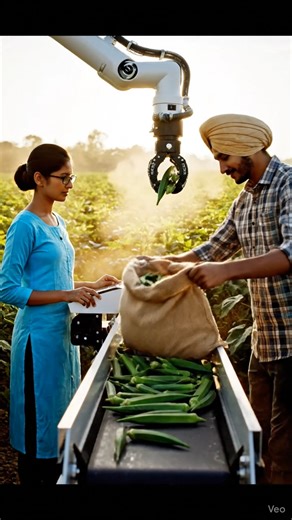 Indian Girl Uses Robot to Harvest Okra | Husband Collects Fresh Lady’s Finger in Seconds!