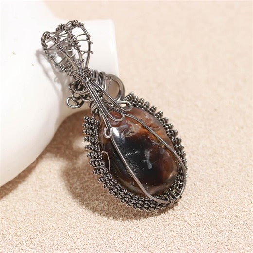 Sardonyx Agate Pendant, Handmade Wire Wrapped Agate Necklace, Oxidized Silver Jewelry, Brown Black Agate Pendant, Unisex Crystal Necklace - Etsy