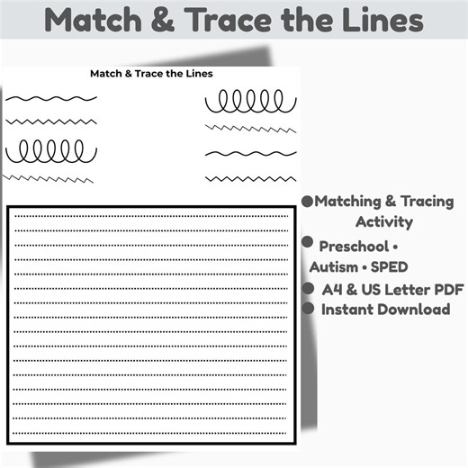 Match & Trace the Lines Worksheet for Kids,fine Motor Skills Printable,preschool Tracing Activity,autism SPED ABA - Etsy