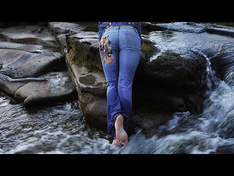 Funky Fish flared jeans + bare feet walk through mountain river and valley