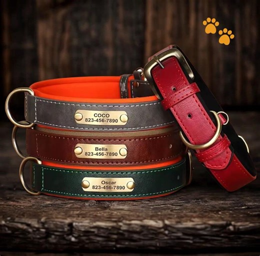Personalized Leather Dog Collar With Engraved Nameplate – Custom ID Collar, Adjustable, Small to Large Dogs, Gift - Etsy