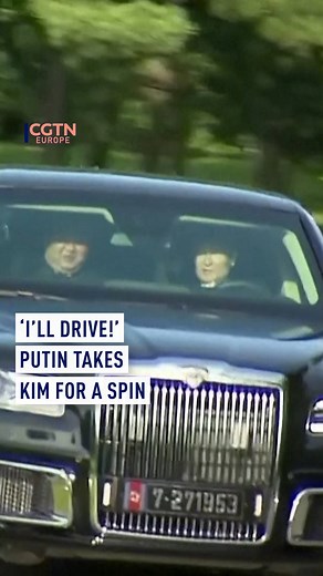 Russian President Vladimir Putin drove DPRK leader Kim Jong-un in a luxury Russian-built Aurus limousine during a visit to Pyongyang. Putin presented Kim with an Aurus limousine, a tea set and an admiral's dirk, Kremlin aide said. #putin #dprk #aurus #cars | CGTNEurope