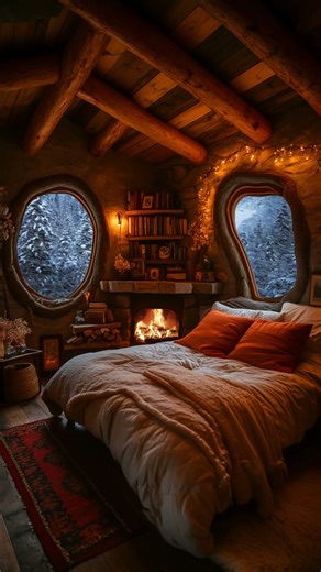 Rustic Cabin Bedroom Ambience | Fireplace Glow & Snowy Forest Window