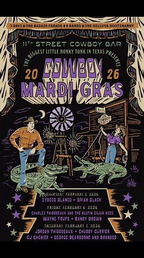 The BIGGEST little honky tonk in Texas is bringing the party back for Cowboy Mardi Gras 2026 — 3 days, 9 bands, one badass parade, and a whole lotta good times! 💜💚💛 📅 Save the Date: February 5–7, 2026 🎟️ Tickets go on sale THIS Tuesday, October 28th! Get ready for the one helluva hootenanny you won’t want to miss! 🤠🎶 #CowboyMardiGras #11thStreetCowboyBar #BanderaTexas #MardiGrasTexasStyle #TexasCountryMusic #HonkyTonkHeaven #SaveTheDate | 11th Street Cowboy Bar