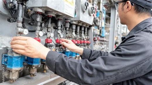 Engineer adjusting hydraulic control valves on industrial machinery to regulate pressure and improve efficiency.