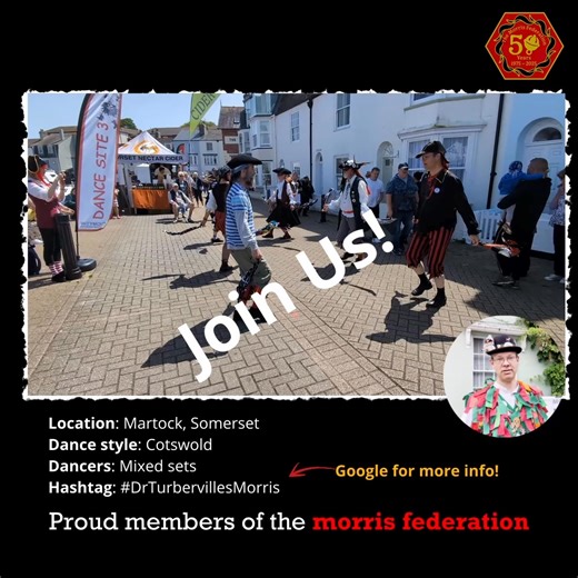 Dr Turberville's Morris are an enthusiastic team of Cotswold dancers and musicians based at Ash Village Hall near Martock in Somerset. We wear white, with baldricks and ribbons of green and burgundy. You'll often find us dressed as pirates when we're dancing by the sea. Many of our dances are of the self-penned Wayford tradition, but we also dance Badby, Bampton, Bledington, Hinton and Lichfield, with a handful of Border dances thrown in for fun. We like to focus on the details of the dance, whi