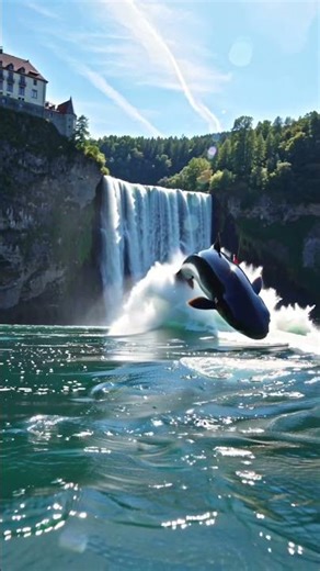 Giant Fish Jumps Over Boat at Rhine Falls
