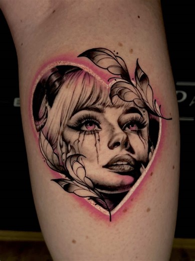 Demon Lady Custom Tattoo with Neon Pink Design