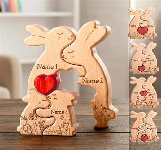 Personalized Wooden Family Rabbit Puzzle, Wooden Easter Bunny Family Puzzle, Custom Easter Rabbits Family, Custom Bunny Family Puzzle - Etsy