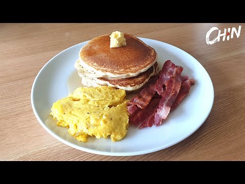 EASY!!! American Style Short Stack Pancakes, crispy bacon and scrambled eggs recipe.