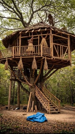Primitive Treehouse Build in the Forest - Indigenous Bamboo House #shorts #levihome1 #levihome