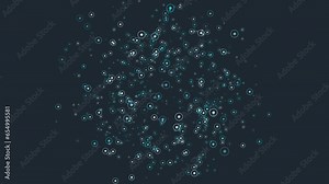 Abstract circular pattern made up of white dots with blue outlines on a black background. The dots overlap and are spaced out, creating a visually striking design
