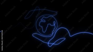 Neon hands earth globe. Glowing neon line. Human hands holding Earth globe. Save the planet Earth. Care for nature. Earth and environment protection, social responsibility for nature, global network. Stock Video