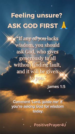 Need Wisdom Today? Ask God — He Gives Freely | James 1:5 Bible Verse of the DayFeeling unsure or facing tough choices today? 🌅James 1:5 reminds us that God invites us to ask Him for wisdom — and He gives it freely and without judgment. This short devotional encourages you to seek divine direction with confidence and peace. 💛📖 Verse: James 1:5 (NIV)🙏 Message: God’s guidance is only a prayer away.✨ Be encouraged: His wisdom is generous, His love unending.💬 Subscribe for more daily prayers, Bi