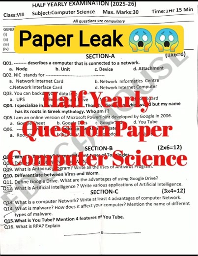 Computer Science Class 8 Half Yearly Examination (2025-26) || Paper Leak 😱😱 #ncert #computer