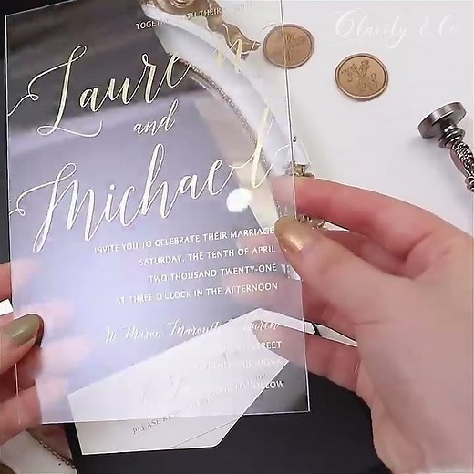 36. DIY gold clear acrylic wedding invitation with black pocket for modern wedding