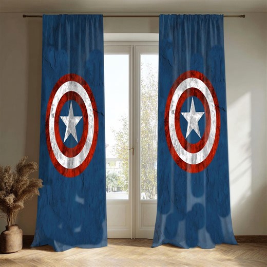 Patriotic Hero Shield Window Curtains - Blue Distressed Texture Drapes for Boys' Room Curtains - Etsy