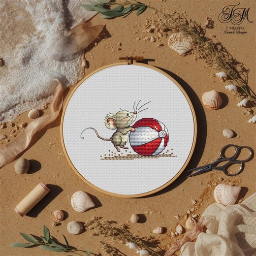 Cute Mouse Cross Stitch Pattern, Summer Beach Mouse With Ball, Adorable Animal Embroidery PDF, Easy DIY Gift, Fun Stitch Design - Etsy