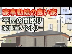 パントリーと家事室のある平屋の間取り図。アイランドキッチンで家事動線の良い住宅プラン　home design