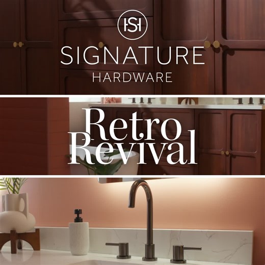 From mid-century modern centerpieces to gunmetal fixtures, see how these bathroom essentials redefine retro style.  Shop the room: https://bit.ly/3OGPo8q | Signature Hardware | Facebook