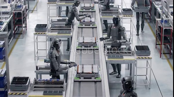 3D Animation: Assembly Line at a Factory with Autonomous AI Powered Humanoid Robots. Human Like Robot Working on Complex Detail in Industrial Environment. Industrial Automation AI Accelerated.