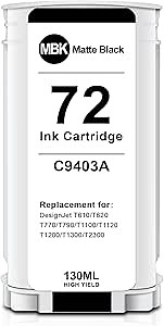 72 Matte Black Ink Cartridge C9403A (1-Pack, 130ML) Work for HP DesignJet T610 T620 T770 T790 T795 T1100 T1120 T1200 T1300 T2300 Printer