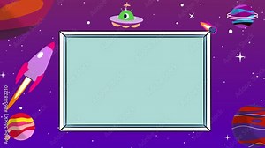 Animation of alien and planet galaxy in space with comet, with white board sign for text background for quiz or game