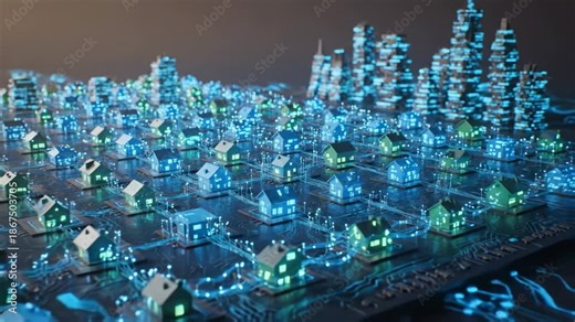 Smart City Network - A futuristic cityscape illustration with small model houses connected by glowing blue lines, overlaid on a circuit board.