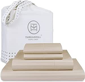 Threadmill 100% Cotton Sheets for King Size Bed - 600 Thread Count King Bed Sheets Set with 16” Deep Pocket - Damask Stripe Sateen Weave 4-Piece Bedding Set with Cooling Effect, Beige