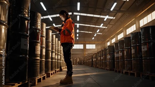Woman worker checks oil drums with tablet in warehouse aisle. Inspector examines drums on pallets. Worker walks between barrel rows. Woman inspects oil drum storage in industrial warehouse facility.