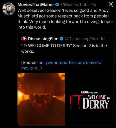 - The post announces early development of HBO’s ‘IT: Welcome to Derry’ Season 2, a prequel exploring Pennywise’s origins in Stephen King’s universe, based on co-creators Andy and Barbara Muschietti’s recent comments teasing a “heartbreaking” Season 1 finale. - Accompanied by striking images of Bill Skarsgård’s Pennywise amid flames and the show’s title card, it has garnered nearly 70,000 likes and 2 million views, reflecting high fan anticipation post-Season 1’s 2025 premiere. - While HBO has no