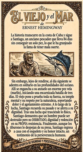 Título: El viejo y el mar (The Old Man and the Sea) #​Autor: Ernest Hemingway ​Año de publicación: 1952 ​Lugar de publicación: Estados Unidos ​Editorial original: Charles Scribner's Sons ​Género: Novela corta / Ficción literaria ​Premios destacados: Premio Pulitzer de Ficción (1953) y mención clave para el Premio Nobel de Literatura concedido al autor en 1954 ​Estructura: Narrativa continua sin división formal en capítulos#libroslibroslibros #lector #literaturainteligente #fyp
