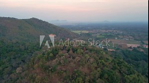 Phnom Banan Temple. Angkorian sandstone structure on top of a countryside hill, Battambang, Cambodia. Drone aerial orbit rotate.