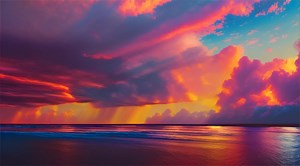 AI generated Bright sunset and sunrise over the sea and ocean with beautiful sky and clouds. Colorful evening nature and dawn by the beach.created with generative ai