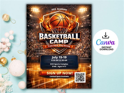Youth Basketball Camp Flyer Template Editable in Canva | Sports Camp Registration Poster | Summer Basketball Clinic - Etsy