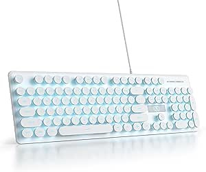 Typewriter Keyboard 104-key Punk Gaming Retro Keyboard LED Ice Blue Backlit Cute Keyboard with Wired USB Suitable for PC/Win/Mac/Laptop Computer Keyboard（White）