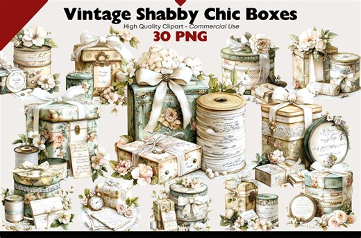 Vintage Shabby Chic Boxes Clipart Set, 30 PNG Floral Cans Graphics (digital Download) - Etsy