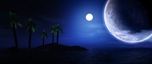 3D render of palm tree island with planets and moon in the sky