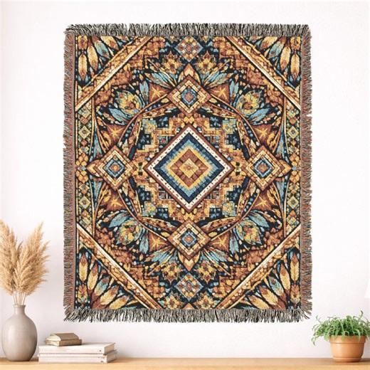Native American Pattern Woven Cotton Blanket - Southwest Tribal Western Rustic-Boho Throw Gift Home Decor